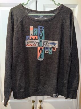 Timberline Charcoal Crewneck Sweater with Multicolor Geometric Print Size L